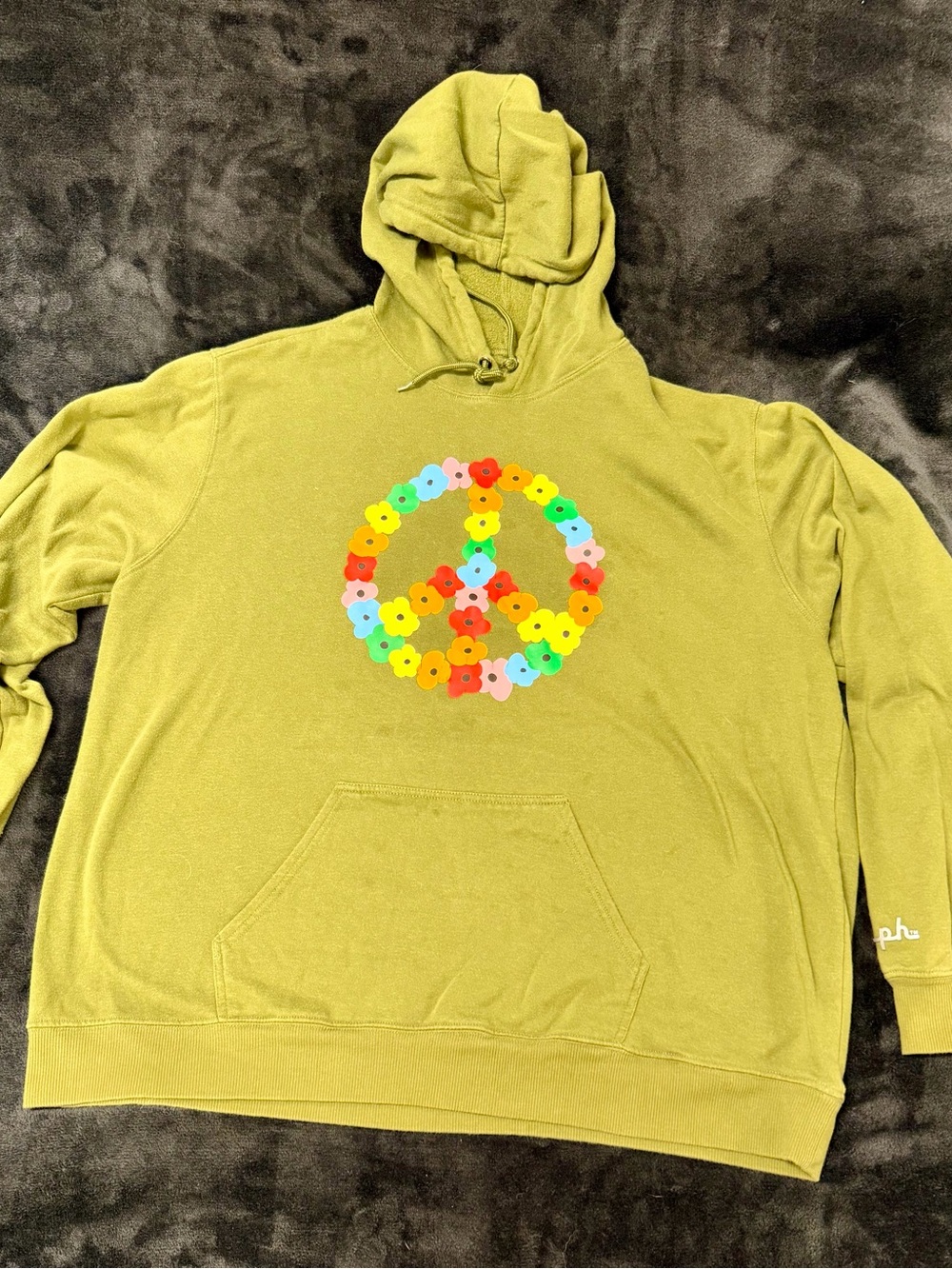The Phluid Project Olive Green Hoodie with Multicolor Flower Peace Sign